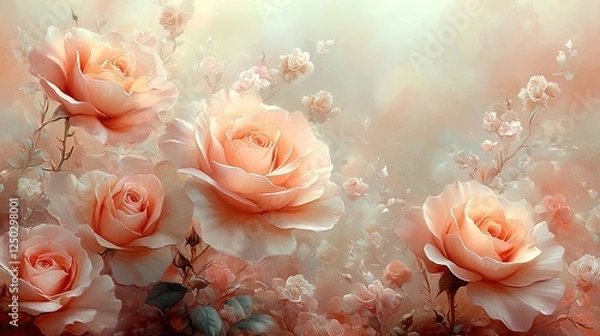 Fototapeta Soft pink roses in a dreamy garden setting with delicate blossoms and a serene background