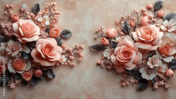 Fototapeta Beautifully arranged coral roses and delicate blossoms on a textured background, showcasing floral artistry