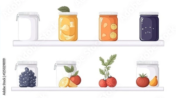 Fototapeta Colorful jars of preserved fruits and vegetables neatly arranged on white shelves in a bright setting