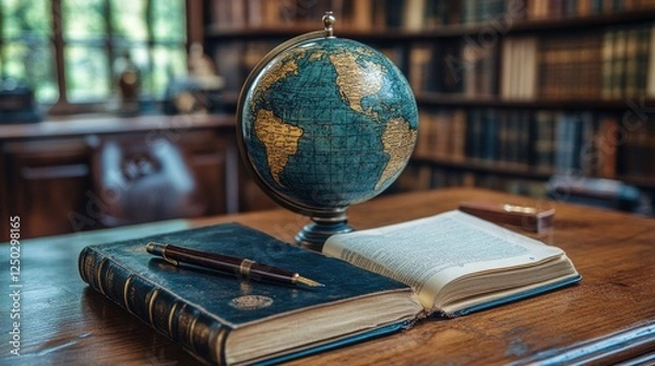 Fototapeta Antique globe and open book on a wooden desk in a cozy library filled with books