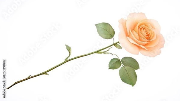 Fototapeta A delicate peach rose with lush green leaves, elegantly positioned against a white background
