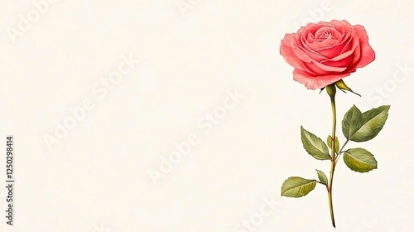 Fototapeta Beautiful pink rose with green leaves on a soft beige background, ideal for floral design projects