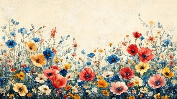 Fototapeta Vibrant floral landscape featuring colorful wildflowers and butterflies in a serene background