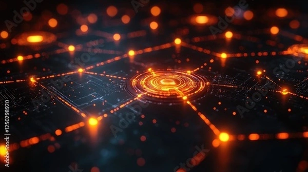 Obraz Abstract digital network with glowing nodes and connections against a dark background