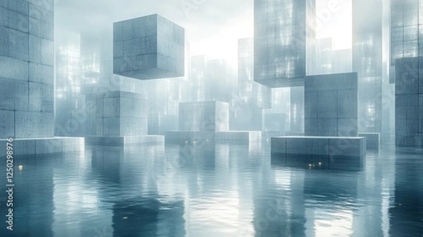 Fototapeta Surreal landscape with floating concrete cubes reflecting in calm water under a misty sky