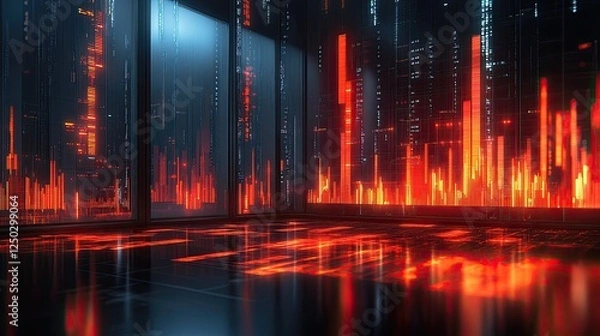 Fototapeta Futuristic data visualization room with glowing red graphs and digital elements reflecting on floor