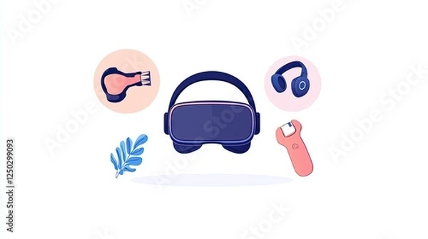 Fototapeta Futuristic virtual reality setup featuring headset, controller, and accessories on a minimalistic background