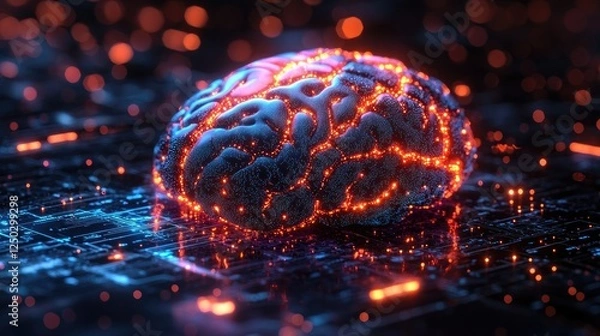Fototapeta Futuristic digital brain illuminated with neon lights, set against a high-tech circuit background