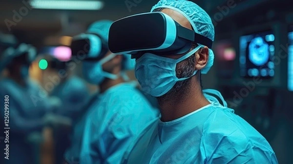 Fototapeta Medical professionals using virtual reality headsets in a high-tech surgical environment