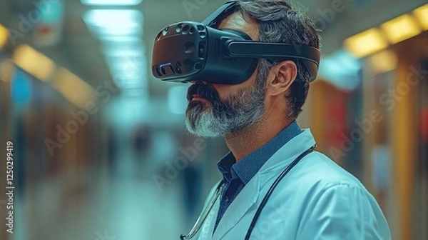 Fototapeta Medical professional wearing virtual reality headset in a hospital corridor, exploring innovative technology