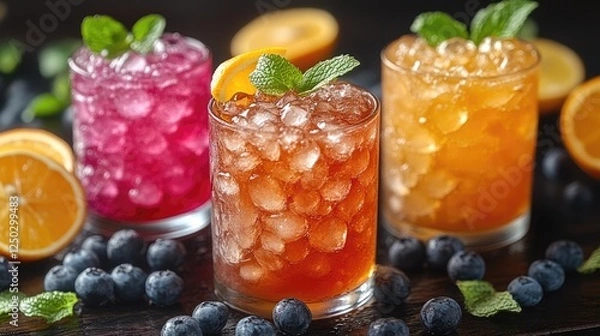 Obraz Three colorful beverages with ice and mint leaves, surrounded by blueberries and citrus fruits