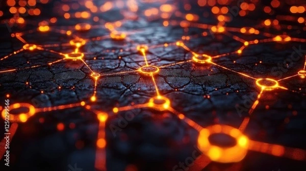 Fototapeta Abstract representation of interconnected glowing nodes on a cracked surface, symbolizing technology