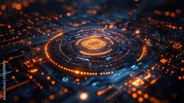 Fototapeta Abstract close-up of a futuristic circuit board with glowing orange lights and intricate patterns