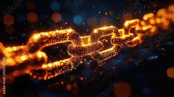 Fototapeta Glowing chain links illuminated against a dark background with bokeh effects and sparkles