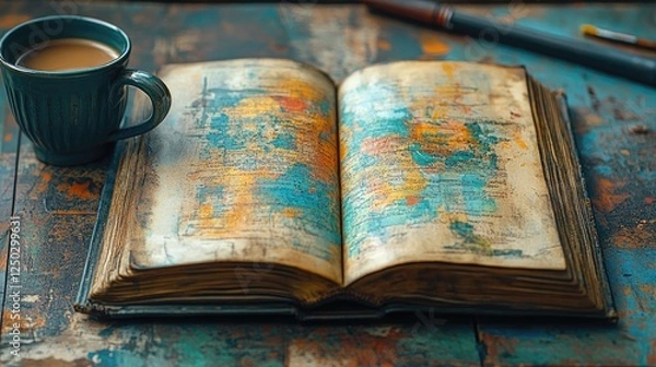 Obraz Open vintage map book on a rustic table with coffee cup and pen, showcasing vibrant colors