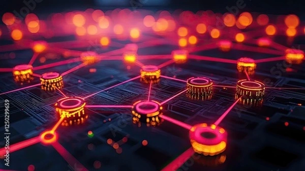 Fototapeta Abstract representation of a digital network with glowing nodes and connections on a dark background