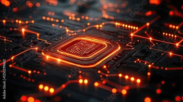 Fototapeta Close-up view of a glowing microchip on a circuit board with intricate connections and vibrant lights