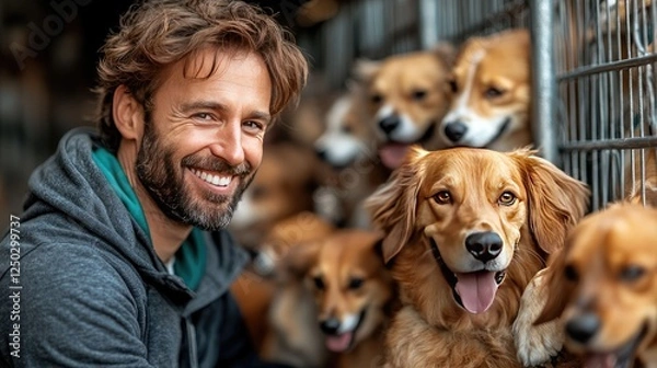 Fototapeta Man smiling with golden retrievers in an animal shelter, surrounded by happy dogs in the background
