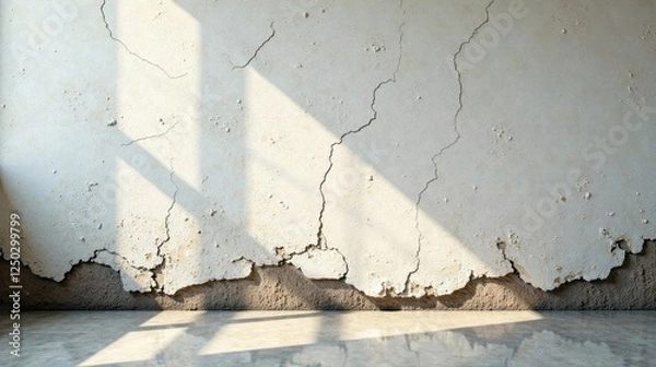 Obraz Distressed Wall Texture Sunlight Illuminates Cracks and Flaking Plaster on Weathered Surface
