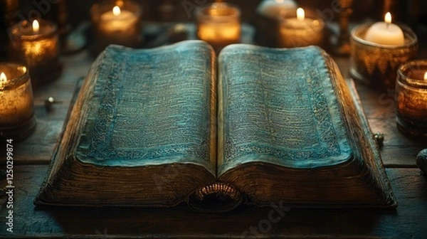 Obraz Antique open book with ornate cover surrounded by flickering candles in a dimly lit setting