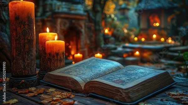 Obraz A mystical scene featuring an open ancient book surrounded by glowing candles and autumn leaves
