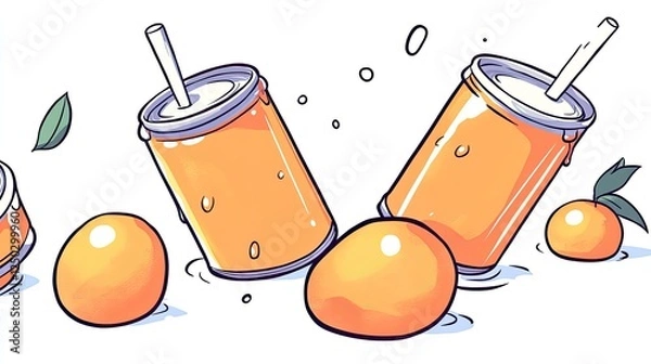 Obraz Illustration of spilled orange soda cans and oranges on a white background with splashes