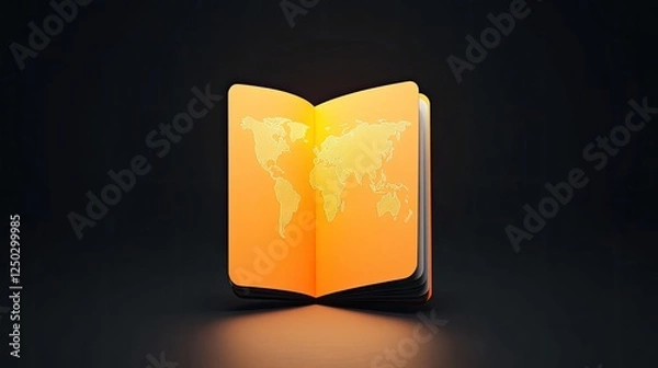 Obraz An open book with a world map illustration, set against a dark background, symbolizing knowledge