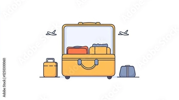 Obraz Colorful luggage set with open suitcase and travel bags, surrounded by airplanes in the sky