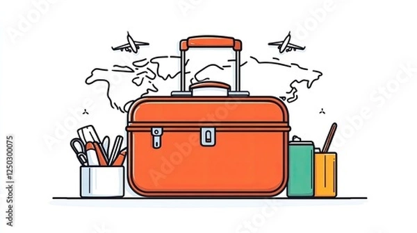 Obraz Vibrant orange suitcase surrounded by travel essentials and a world map backdrop