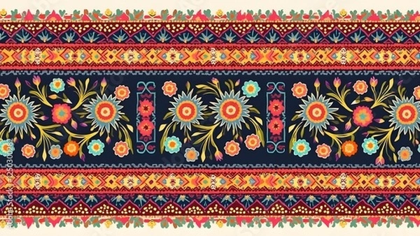 Fototapeta Intricate Folk Pattern in Red, Blue, and Gold