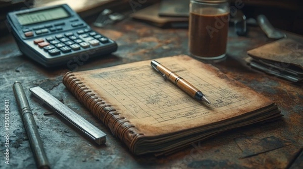 Obraz Vintage workspace with a calculator, notebook, and coffee, showcasing a creative environment