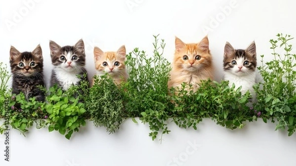 Obraz Five adorable kittens surrounded by lush green plants, creating a playful and vibrant scene
