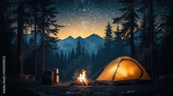 Obraz Serene camping scene at twilight with glowing tent, crackling campfire, and starry sky backdrop