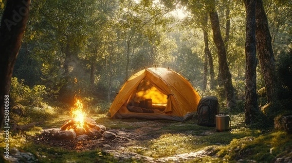 Obraz Cozy yellow tent set up in a serene forest clearing with a warm campfire and nature's tranquility