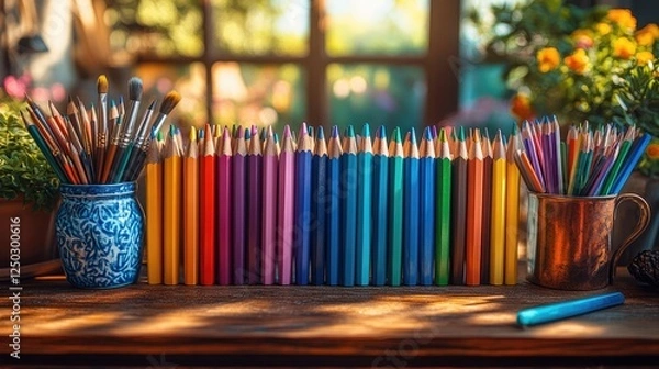 Obraz Vibrant collection of colored pencils arranged neatly on a wooden table in a sunny garden setting