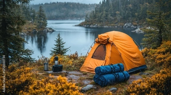 Obraz Cozy camping scene with an orange tent by a serene lake surrounded by autumn foliage