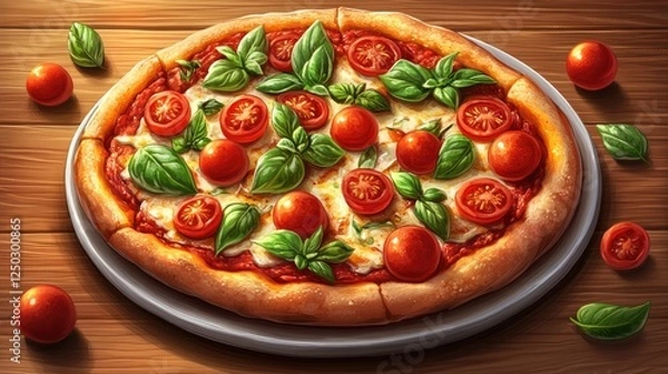 Obraz Freshly baked pizza topped with basil and cherry tomatoes on a wooden table setting