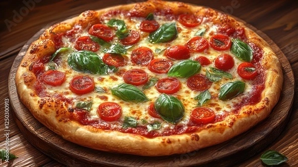 Obraz Freshly baked pizza topped with cherry tomatoes and basil on a wooden table, inviting atmosphere
