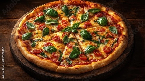 Obraz Freshly baked pizza topped with basil and tomatoes on a wooden board in a cozy setting
