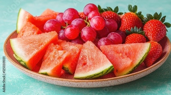 Obraz Freshly cut watermelon slices, juicy grapes, and vibrant strawberries on a decorative plate
