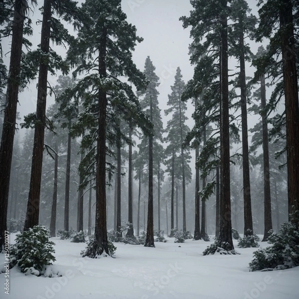 Obraz "A row of cypress trees standing tall in a blizzard, their dark green needles peeking through the thick snow."