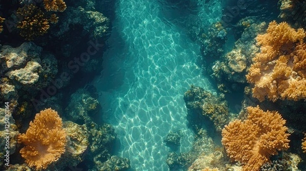 Obraz Underwater scene showcasing vibrant coral formations with sunlight filtering through water