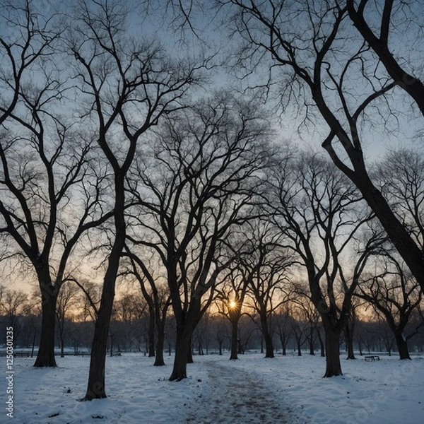 Obraz "A quiet snowy park lined with leafless trees, their branches forming intricate patterns against the winter sky."