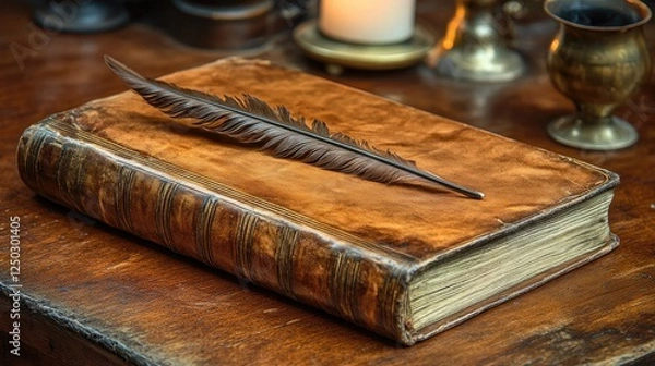 Obraz Antique leather-bound book with a quill on a wooden table, candlelight creating a warm atmosphere