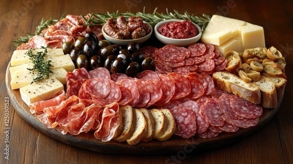 Obraz A beautifully arranged charcuterie board featuring various meats, cheeses, olives, and spreads