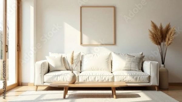 Obraz Serene Minimalist Living Room Interior Design with a Neutral Color Palette Featuring a Plush Off-White Sofa and Wooden Coffee Table