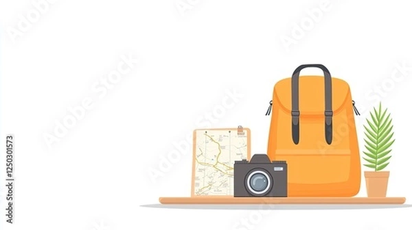 Obraz Vibrant travel essentials arranged on a table, featuring a backpack, camera, map, and a plant