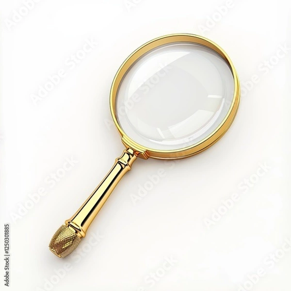 Fototapeta A golden magnifying glass with a round lens, used for close inspection of objects. isolated on white background