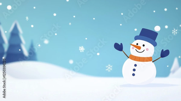 Fototapeta cheerful snowman with blue hat and orange scarf stands in snowy landscape, surrounded by falling snowflakes and pine trees