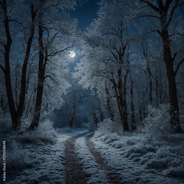 Obraz "A picturesque winter night with a full moon illuminating a frost-covered woodland path."